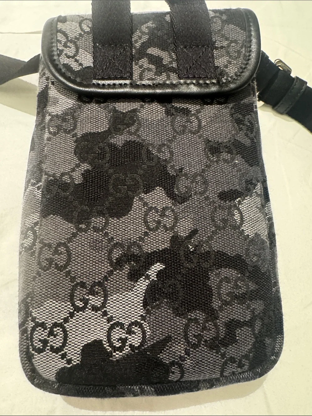 Gucci Black and Gray Monogram Belt Bag with Silver Buckle